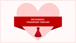 A red business PowerPoint template featuring a heart shaped background and a red dress illustration.