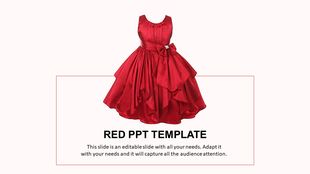 Red PowerPoint slide featuring a red dress with a bow and placeholder text.