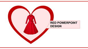 Valentine themed slide with a red vintage dress centered within a bold heart outline and a pink caption box on the side.