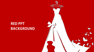 Elegant white dress illustration on a vivid red backdrop with butterflies flying off the hem, and a white text box.