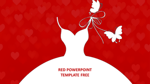 Abstract red background with white silhouette of a dress and butterflies, surrounded by faint heart patterns.