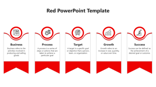 Minimalistic slide with a red and white color scheme showcasing business-related concepts in a banner layout.