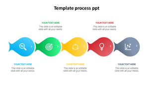 PPT slide for process presentation featuring a colorful flowchart with icons for analysis, target, teamwork, idea, and data.