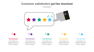 Customer satisfaction slide featuring a hand pointing at colorful star ratings in a speech bubble with placeholder text.