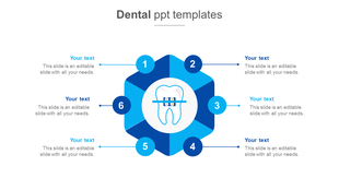 Dental slide with a tooth icon in the center surrounded by six numbered blue shapes, each connected to text.