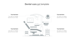 Dental care slide showing grayscale clinic equipment, reclining chair, wall tools, and text placeholders around the layout.