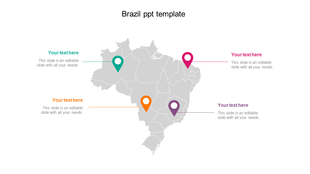 Grey map of Brazil featuring four location pins in green, orange, purple, and pink, with placeholder text areas.