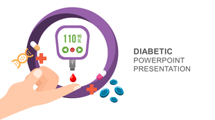 Diabetic PowerPoint slide featuring a blood sugar monitor displaying 110 mg dL, with pills, a candy, and a blood drop.