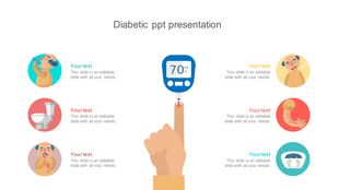 A hand holding a glucose meter surrounded by six circular icons representing symptoms, with text placeholders on each side.