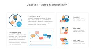 Infographic slide showing diabetes management aspects like blood sugar monitoring, diet, and exercise, with a glucose meter.