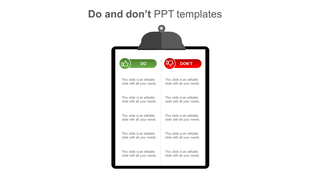 PowerPoint template showing a Do and Don't list with green and red checkmarks on a clipboard, listing points.