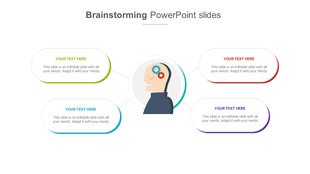 Brainstorming PowerPoint slide with colorful text boxes around a person with gears in their head on a white backdrop.