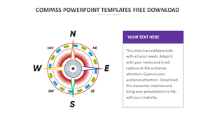 Compass PowerPoint slide with a colorful compass design on the left and a text box on the right.