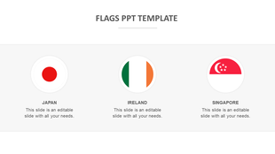 PowerPoint slide featuring flags of Japan, Ireland, and Singapore with placeholder text on a white backdrop.