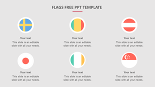 Grid layout with six circular flag icons above editable text placeholders on a light gray background.