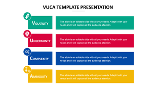 VUCA template with color-coded sections representing volatility, uncertainty, complexity, and ambiguity.