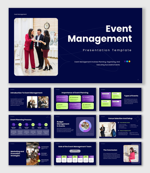 Event Management slide template featuring planning process, budgeting, team roles, marketing strategies, and event execution.
