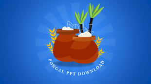 Pongal celebration with two earthen pots, sugarcane plants, and wheat decorations against a radiating blue background.