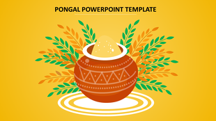 Festive illustration of a Pongal pot with boiling rice, surrounded by golden and green leaves, on a bright yellow background.