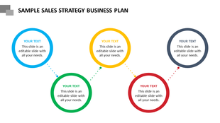 Sales strategy business plan slide with colored circles for key strategies and text sections.