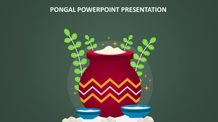 Pongal PowerPoint slide featuring a traditional pot filled with rice and decorated with leaves and colorful patterns.
