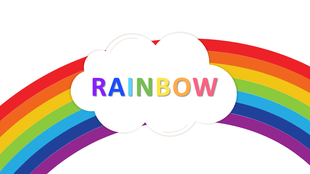 Colorful rainbow arc beneath a white cloud with the word “RAINBOW” in multicolored letters across the center. 
