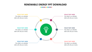 Renewable energy PowerPoint template with a central light bulb and six surrounding sections for placeholder text.