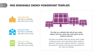 Renewable energy slide featuring purple solar panels and icons of buildings, houses, and stores in yellow, blue, and green.
