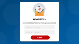 White sign-up form for a newsletter with an envelope icon, two input fields, and a red submit button on a blue background.