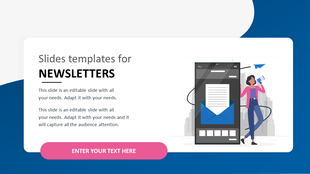 Newsletter slide features a smartphone illustration and a woman sending a newsletter with a megaphone and paper airplane.