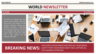 Newsletter template with a headline, an image of a workspace with laptops and papers, and a breaking news section.