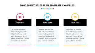 30 60 90 day sales plan PPT template with three colorful sections for each stage, featuring placeholders for text.