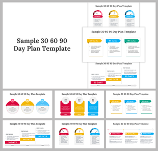 Grid of sample 30-60-90 day plan templates featuring colorful layouts in red, yellow, and blue with text sections and icons. 