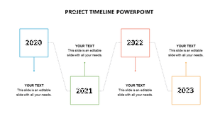 Project timeline PowerPoint slide with four years and text placeholders for each on a white backdrop.