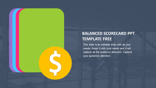 Stacked colorful cards in green, pink, blue, and purple with a large yellow dollar icon, set on a dark blurred background.