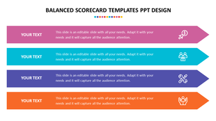 Balanced scorecard PowerPoint template with colorful arrows and icons for different business areas with placeholder text.