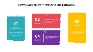 Education template with four colorful paper-cut style boxes labeled 01 to 04, each with text and a paperclip graphic on top.