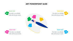 PowerPoint slide featuring an artist's palette with colorful splashes of paint and a brush on a white backdrop.