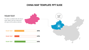 A PowerPoint slide featuring a map of China with regions highlighted, including percentage bars for data representation.