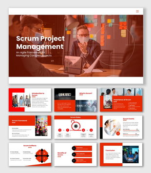 Project Management PPT Download red theme with icons, shapes, and Scrum framework workflow diagrams.
