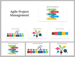 Agile project management slides with colorful icons representing different stages in different layout designs.