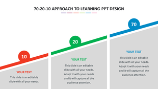 A stepped layout with three diagonal sections in red, green, and blue, each with a circular marker displaying 10, 20, and 70.