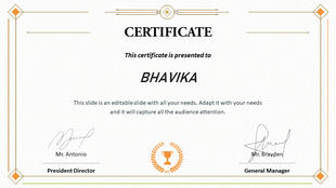 Certificate slide with a formal design featuring the name Bhavika, a signature section, and an award icon at the bottom.