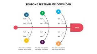 Fishbone diagram PowerPoint template with six colorful branches and text placeholders.