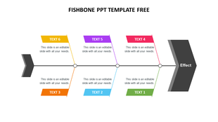 Fishbone diagram with six diagonal text boxes in green, blue, orange, pink, purple, and yellow, leading to a dark arrow.