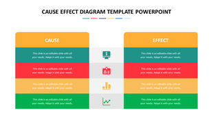 Cause and effect diagram PPT template with two sections, colored in various vibrant hues and icons on a white backdrop.