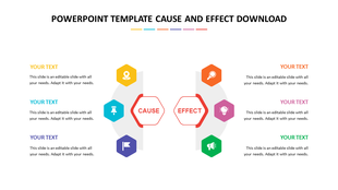 Two red outlined hexagons labeled cause and effect with three stacked hexagon icons on each side in different colors.