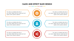 Cause and effect PPT slide design with text boxes and colorful icons representing different stages on a white backdrop.