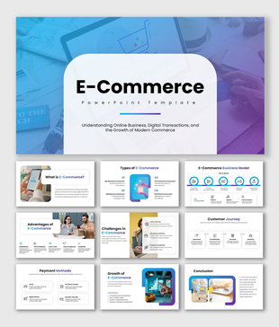 E-commerce PPT with blue gradient theme, shopping visuals, charts, icons, shapes, and clean layouts for business insights.