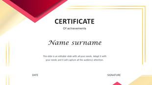 Certificate PPT template with a modern design, featuring space for name, date, and signature with placeholder text.